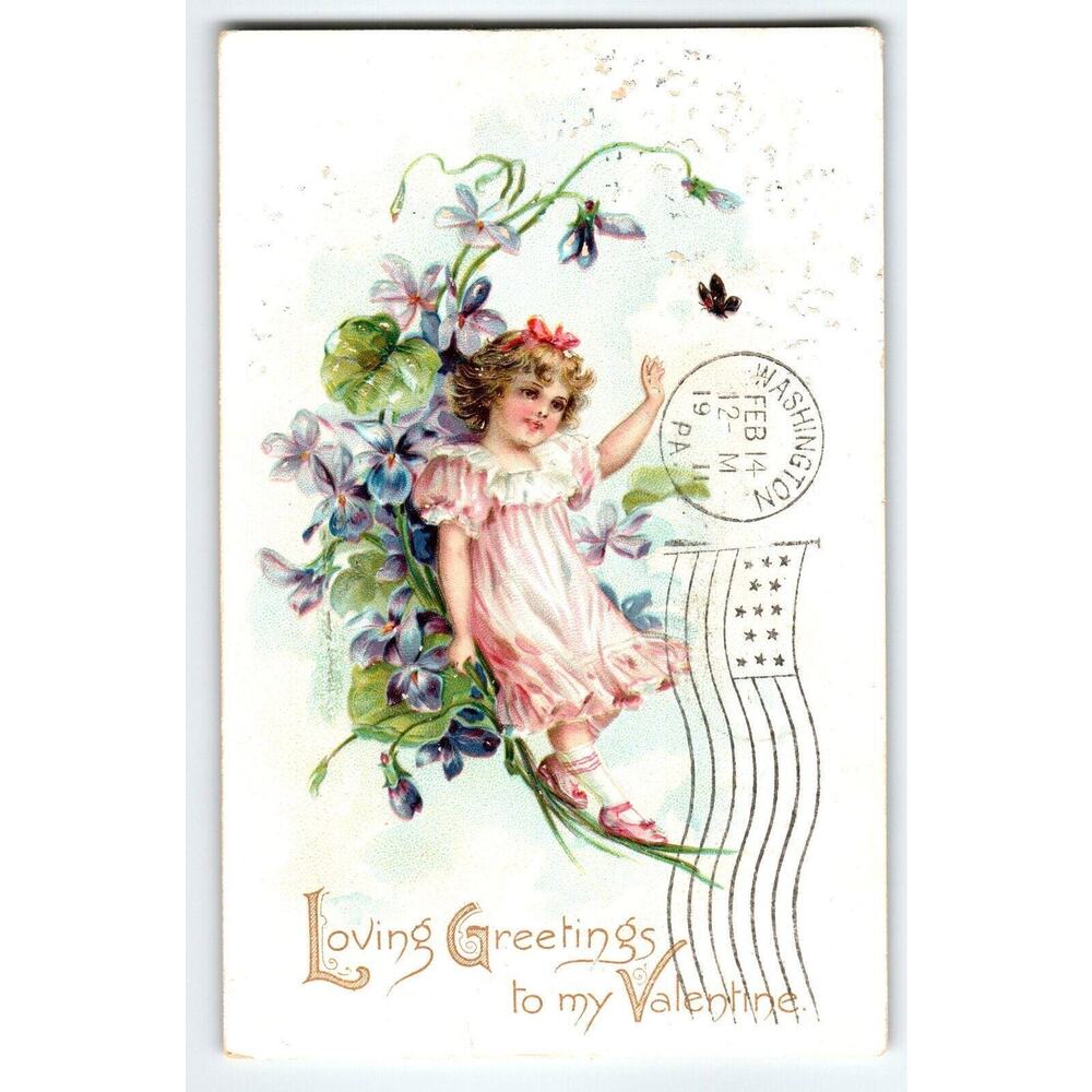 Valentine Postcard Butterfly Girl Flowers Loving Greetings Vintage 1911 Tuck